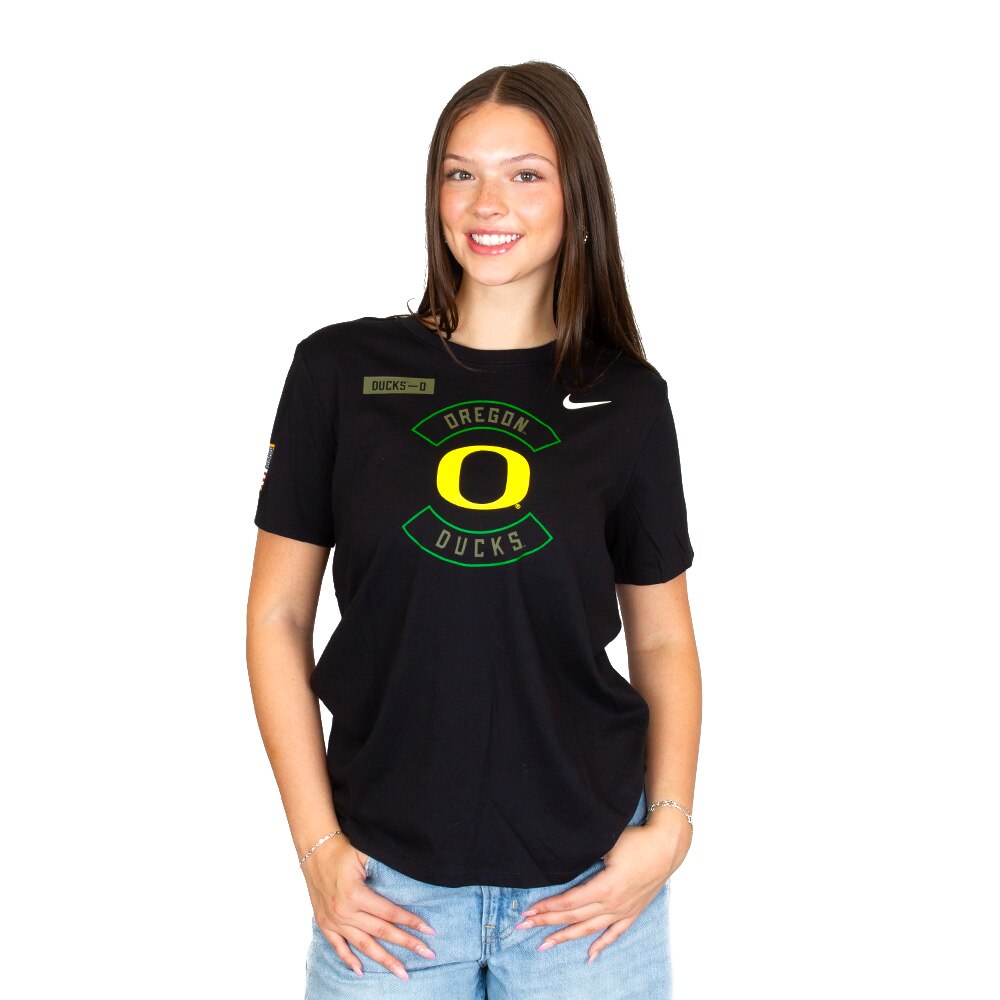 Classic Oregon O, Nike, Black, Crew Neck, Cotton Blend, Women, Flag, Military Pack, T-Shirt, 954298